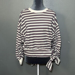 Kensie Jeans Striped Crop Gathered Tie Ruched Sleeves Sweatshirt Size Small